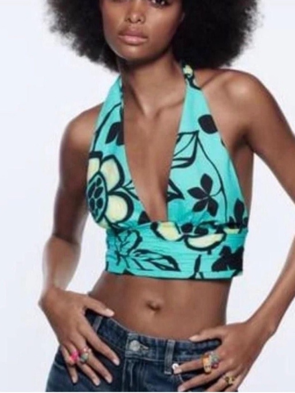 Zara Floral Halter Crop Top Green Tie Neck Open Back Summer Resort Size S